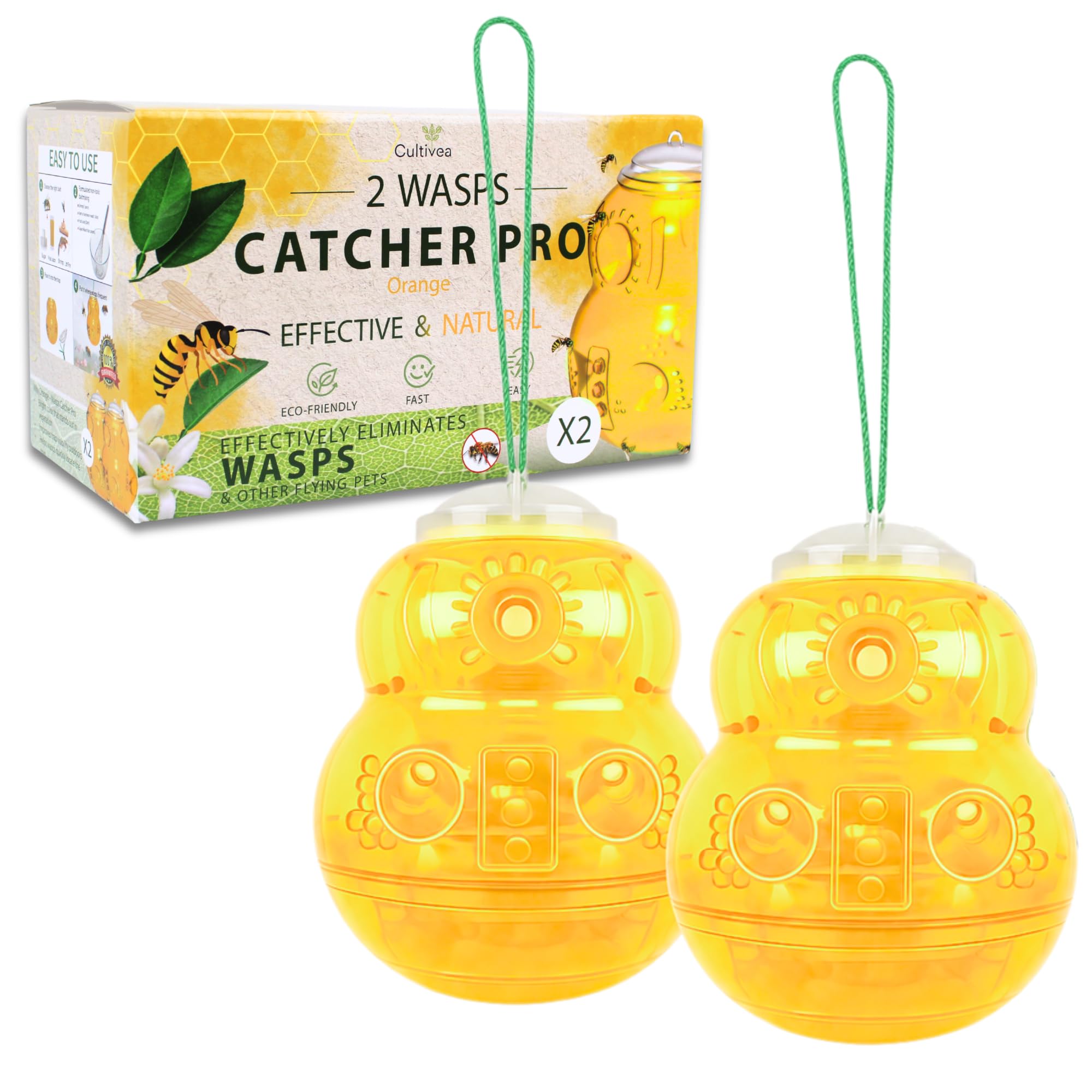 Cultivea- Lot 2 Piège à Guêpes et Frelons Extérieur Réutilisable – Attrape Guêpe Naturel sans Danger pour Abeilles – Double Système d’Attraction – Piège à Frelons Asiatiques Efficace (Jaune)