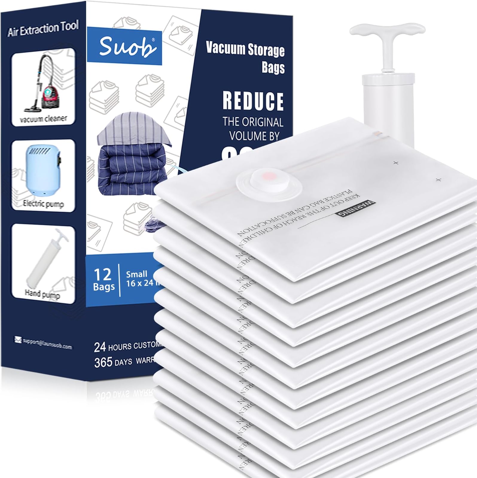 Suob Vacuum Storage Bags Small - 12 Pack for Clothes Comforters Blankets Pillows - Space Saver Bags with Hand Pump,Valve, Zip Sealed - Vacuum Seal Bags for Clothing Bedding (Small 24 '' x 16'‘)