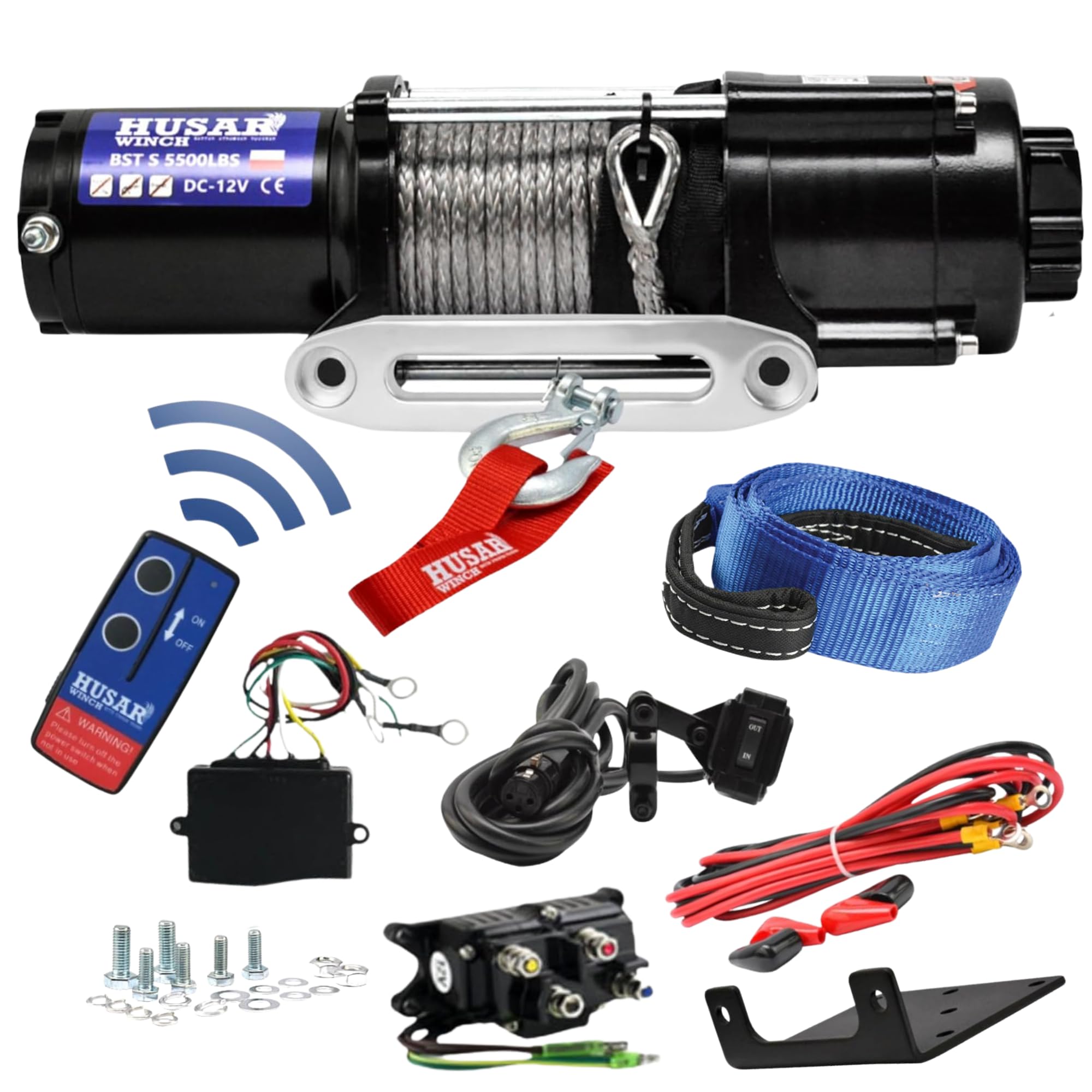 Elektrische Seilwinde 12V, 5500 lbs | 2495 kg,Synthetikseil 14,5 m,3-stufiges Planetengetriebe,Funkfernbedienung,Automatische Bremse,Montagesatz – ideal für ATV/UTV + KOSTENLOSER BERGEGURT