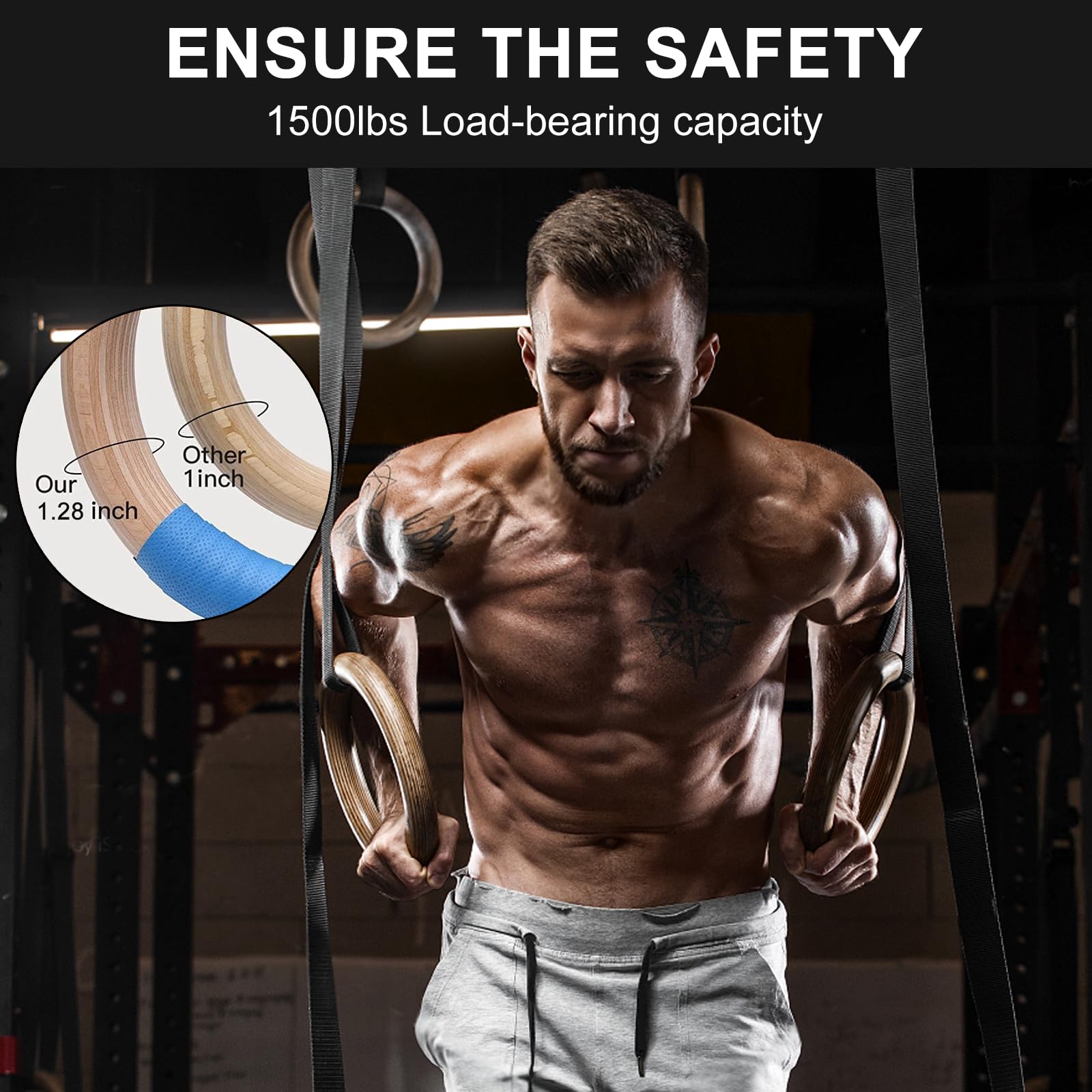 Anillas Madera Anillos Olímpicos Madera FICARTS - Soporte 1500lbs - Correas  15 Pies - Entrenamiento Casa/Gimnasio Anillas Gimnasia, image size:1600x1600
