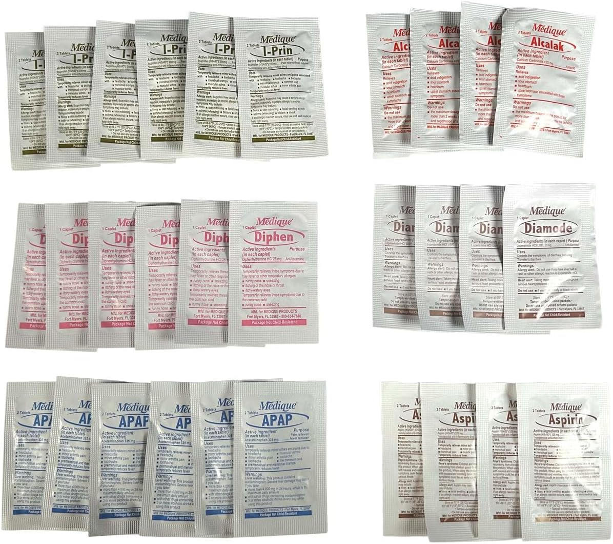 Rescue Essentials Medications Dose Pack–First Aid Refill Kit with Ibuprofen, Acetaminophen, Aspirin, Antihistamine, Anti-Diarrheal & Antacid– Compact Emergency Travel & IFAK Supply-1 Module (30 Doses)