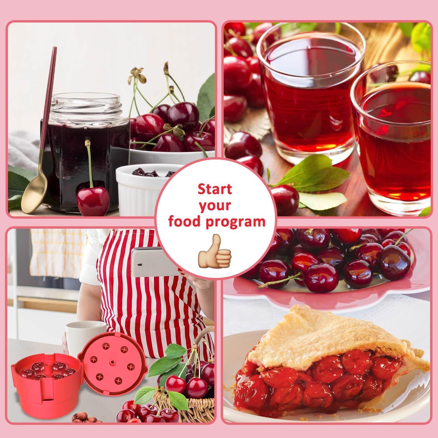 Kirschentkerner Cherry Stoner Pitter, Multi-Kirschkernentferner, Entsteiner Kirschen Kirschentsteiner Griff 6 Entkerner Kirschen Pitter mit Einfach Squeeze Rot