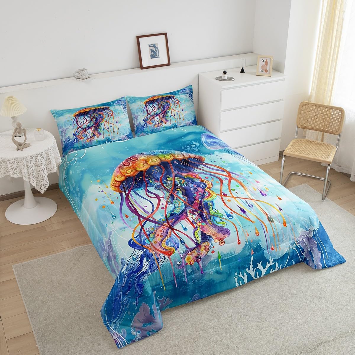 Castle Fairy Ocean Sea Creature Bed Comforter Set Queen Size,Marine Life Sealife Super Soft Microfiber Bedding Set for Adults Men,Jellyfish Watercolor Decorative Comforter Set,3 Pcs