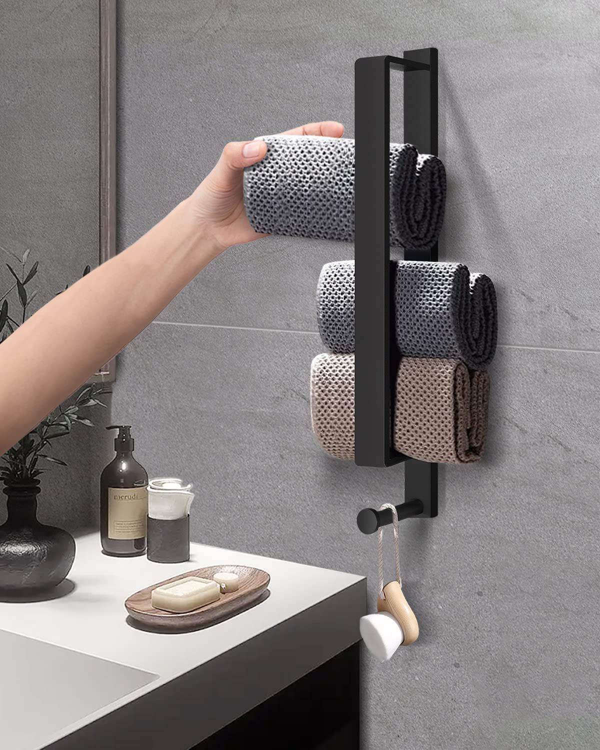 Porte-Serviette Murale LIVEHITOP Auto-Adhésif - Acier Inoxydable Noir 43.5cm Avec Crochet