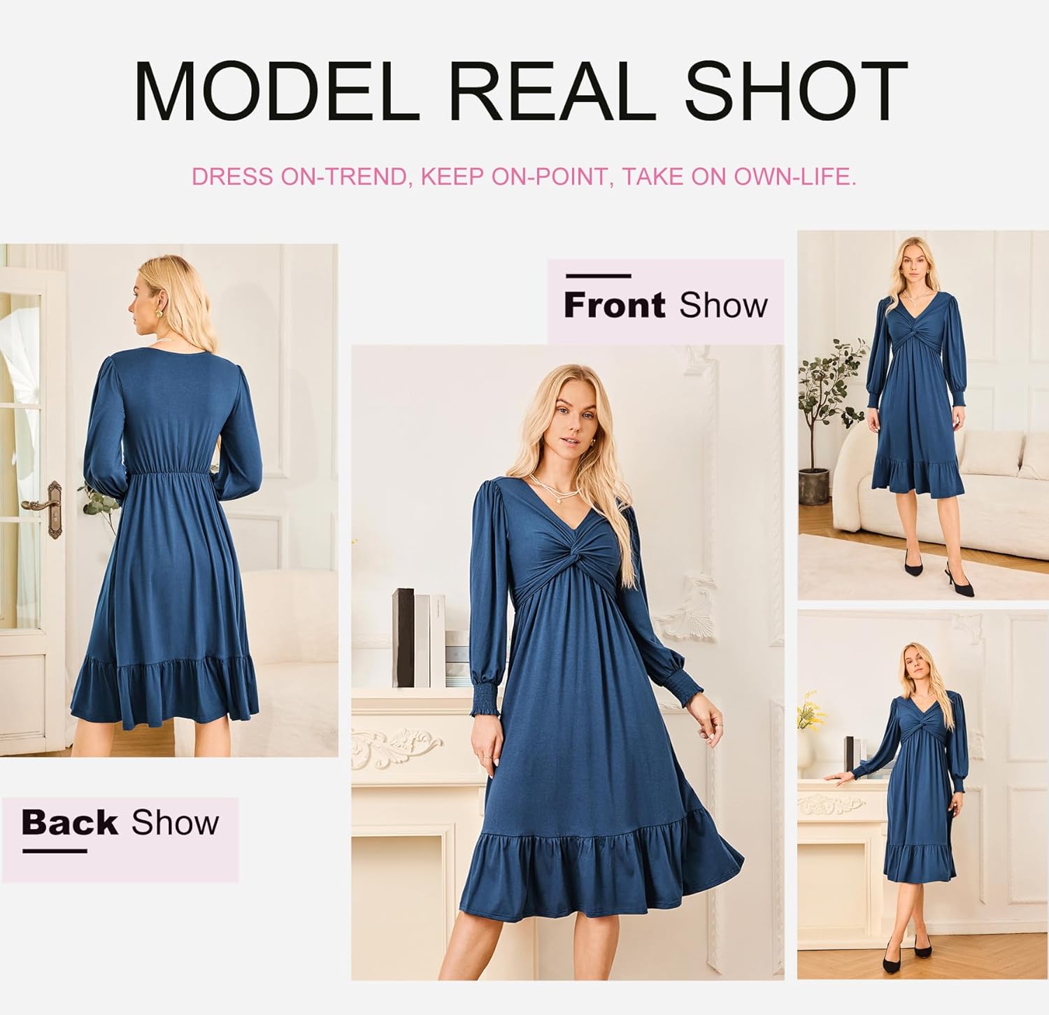 Dokotoo Womens 2026 Wrap V-Neck Twist Knot Long Sleeve Empire Waist Midi Maxi Dress A-Line Ruched Flowy Dress with Pockets - Image 5