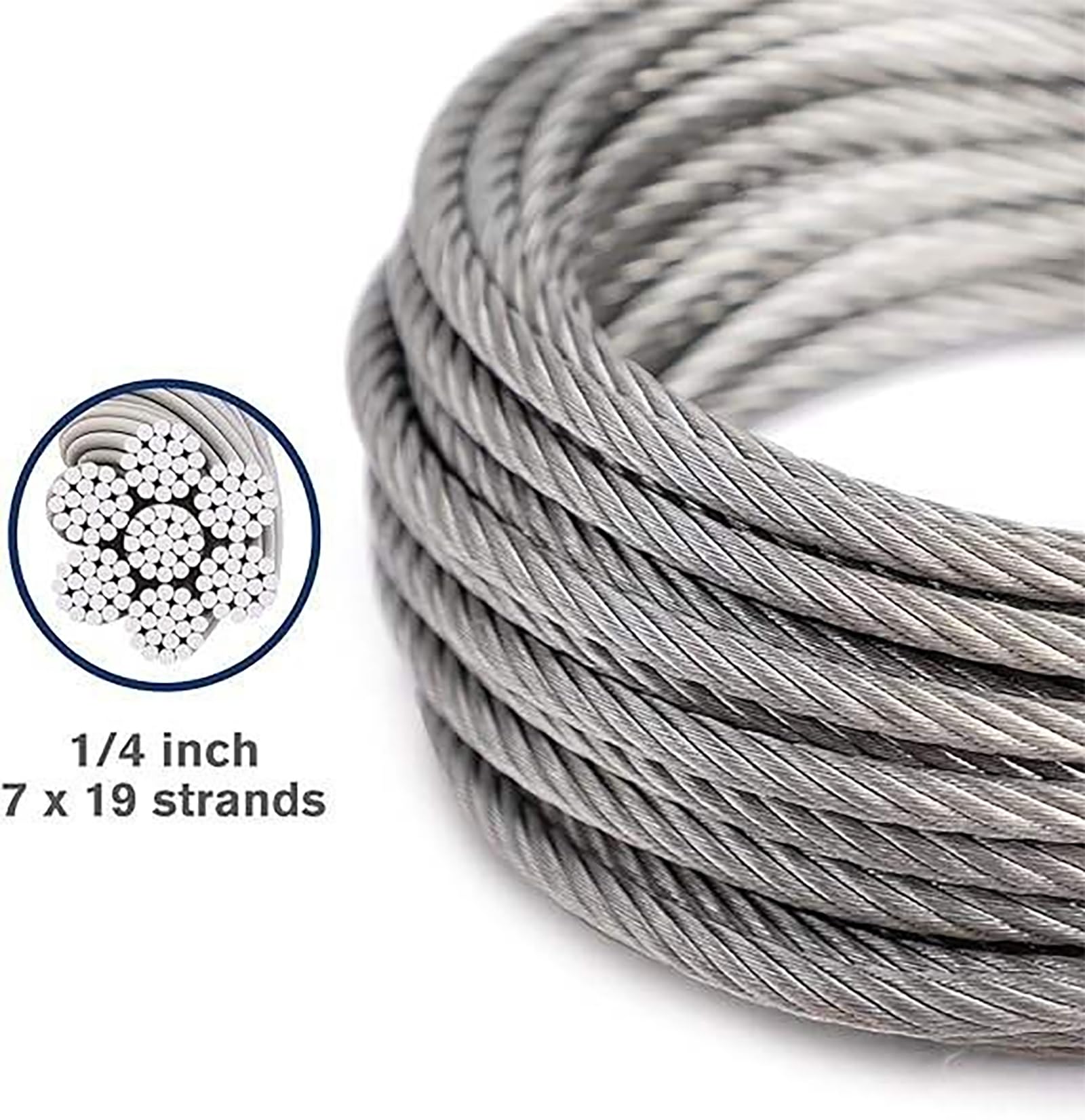 Cable de Acero, 5mm Cable de Acero Inoxidable, 7x19 Núcleo Trenzado, Juego de Cable Metálico para jardín, Tendedero, Guirnaldas luminosas, Cordón para Cortinas y para Colgar Cuadros (30M)