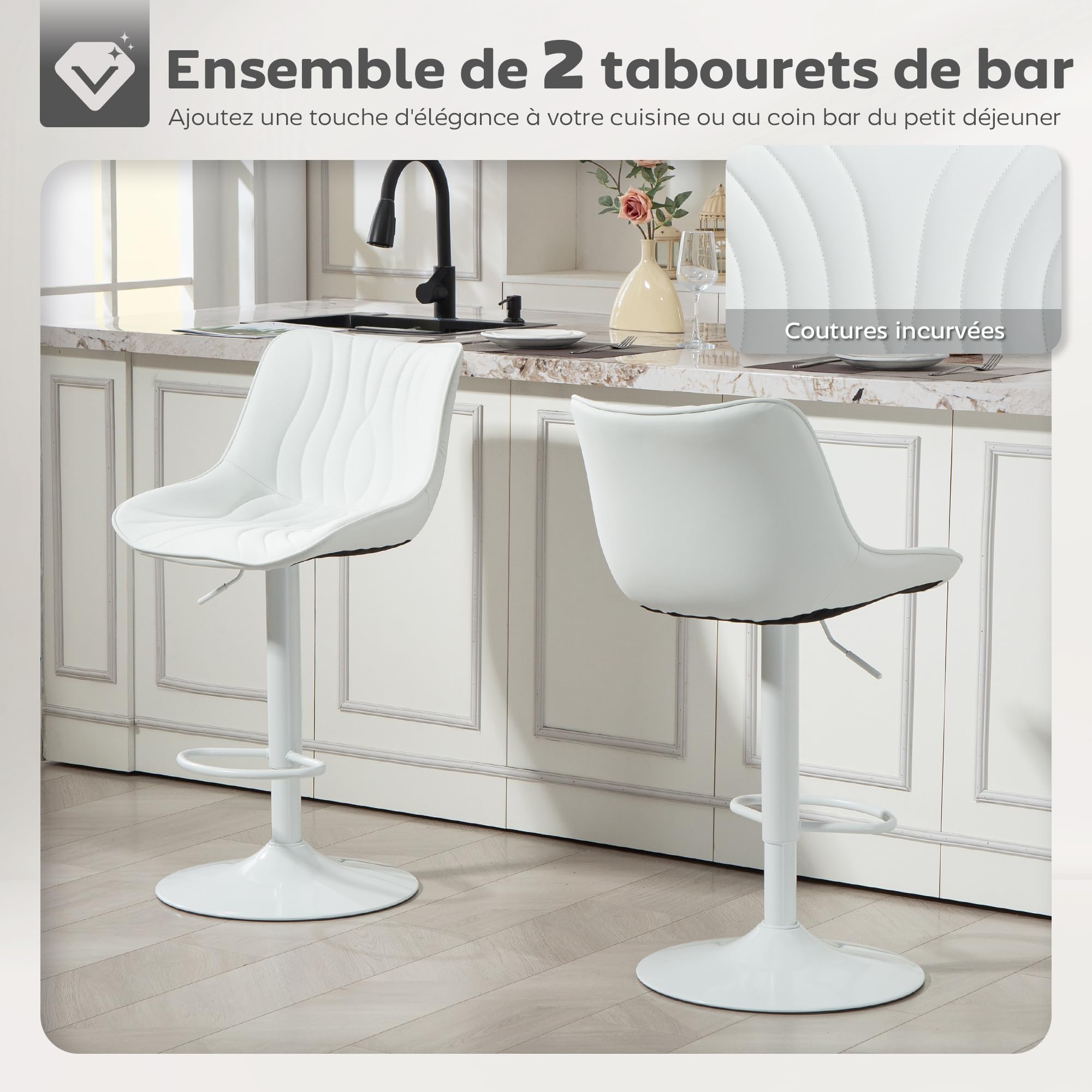 HOMCOM Lot de 2 Tabourets de Bar Hauteur Réglable 92-110cm Acier Blanc