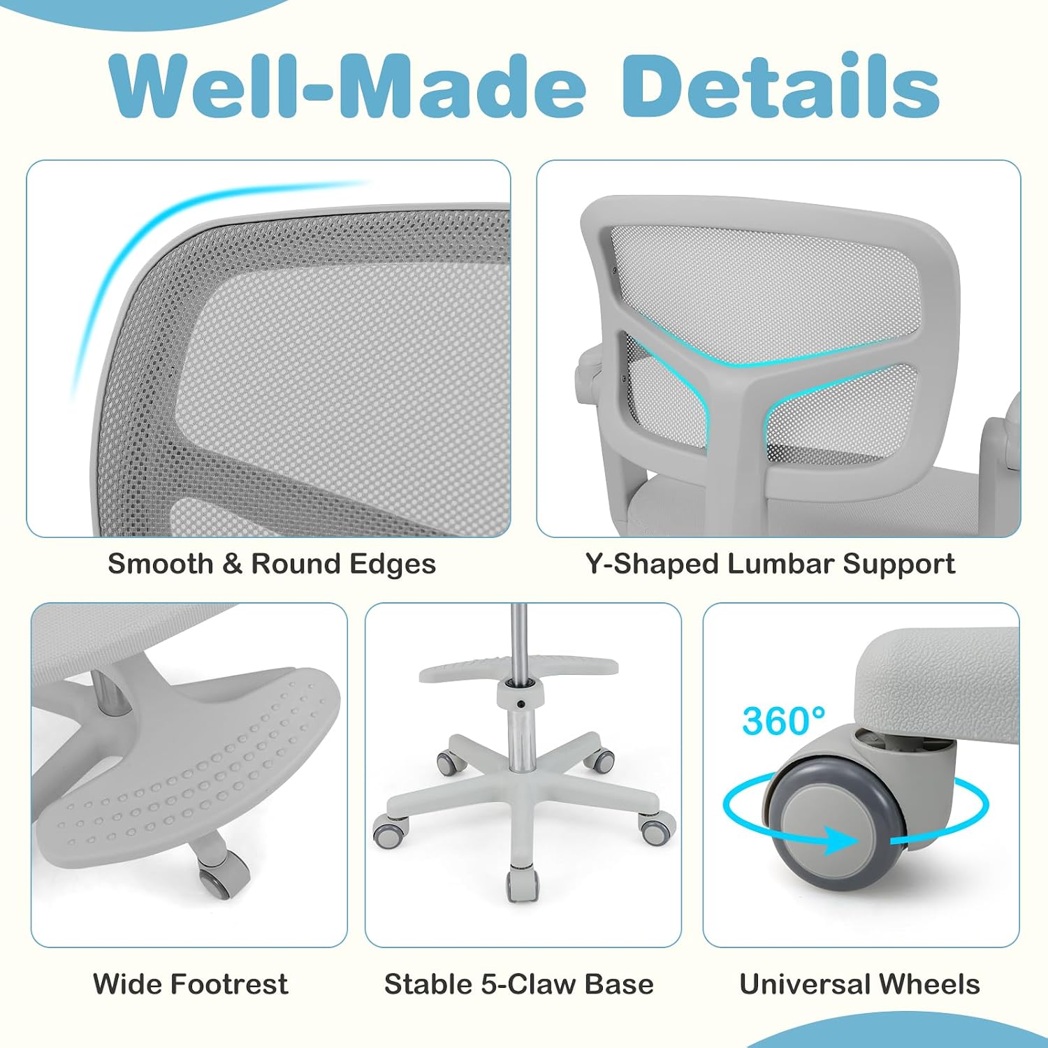 HONEY JOY Kids Desk Chair, Children Study Chair with Adjustable Height/Armrest/Footrest, Swivel Rolling Mesh Task Student Chair, Kids Computer Chair for Teens Girls Boys, Home, School, Office (Grey)