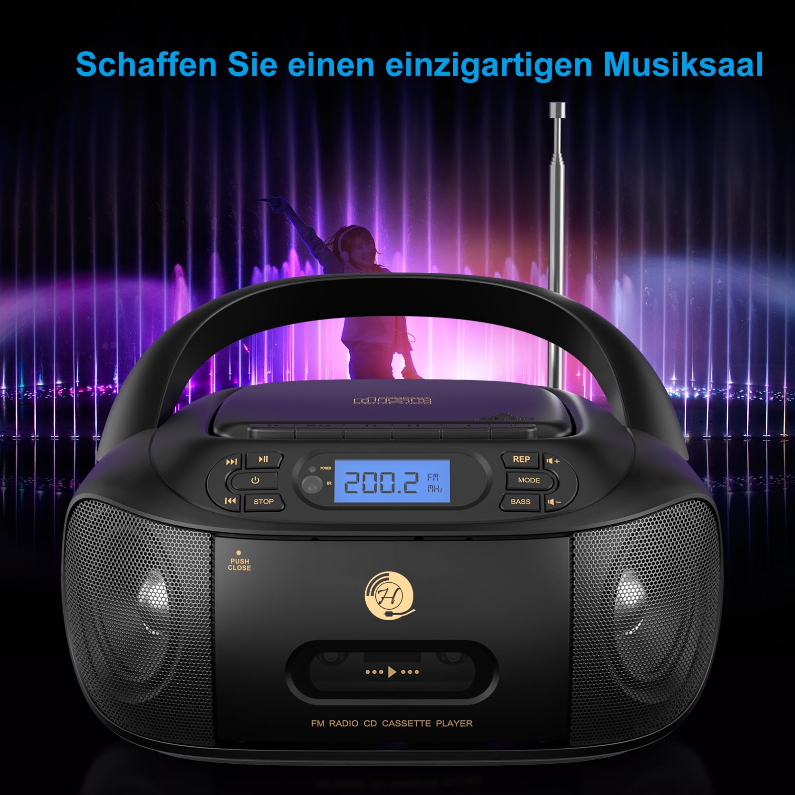CD-Player mit Kassette, CD Boombox mit Bluetooth, UKW-Radio, Eingebauten Stereo-Lautsprechern, Wiederaufladbarem CD/Tape-Player, AUX-Eingang, USB-Wiedergabe, Kopfhörerausgang