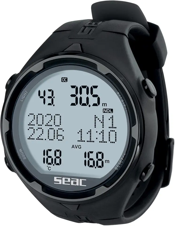 SEAC Action HR, computador de mergulho de alta resistência com modo mergulho e mergulho livre, diário de mergulho, planejador de mergulho, alarmes de segurança, HR preto