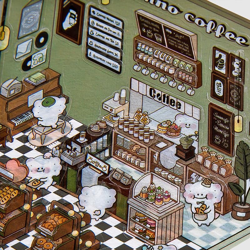 WUSJCOF 4Pcs Adesivi 3D Casa Fai da Te, Miniatura Casa, Scene Adesive per Supermercato, Caffè, Ristorante (per Adulti e Bambini