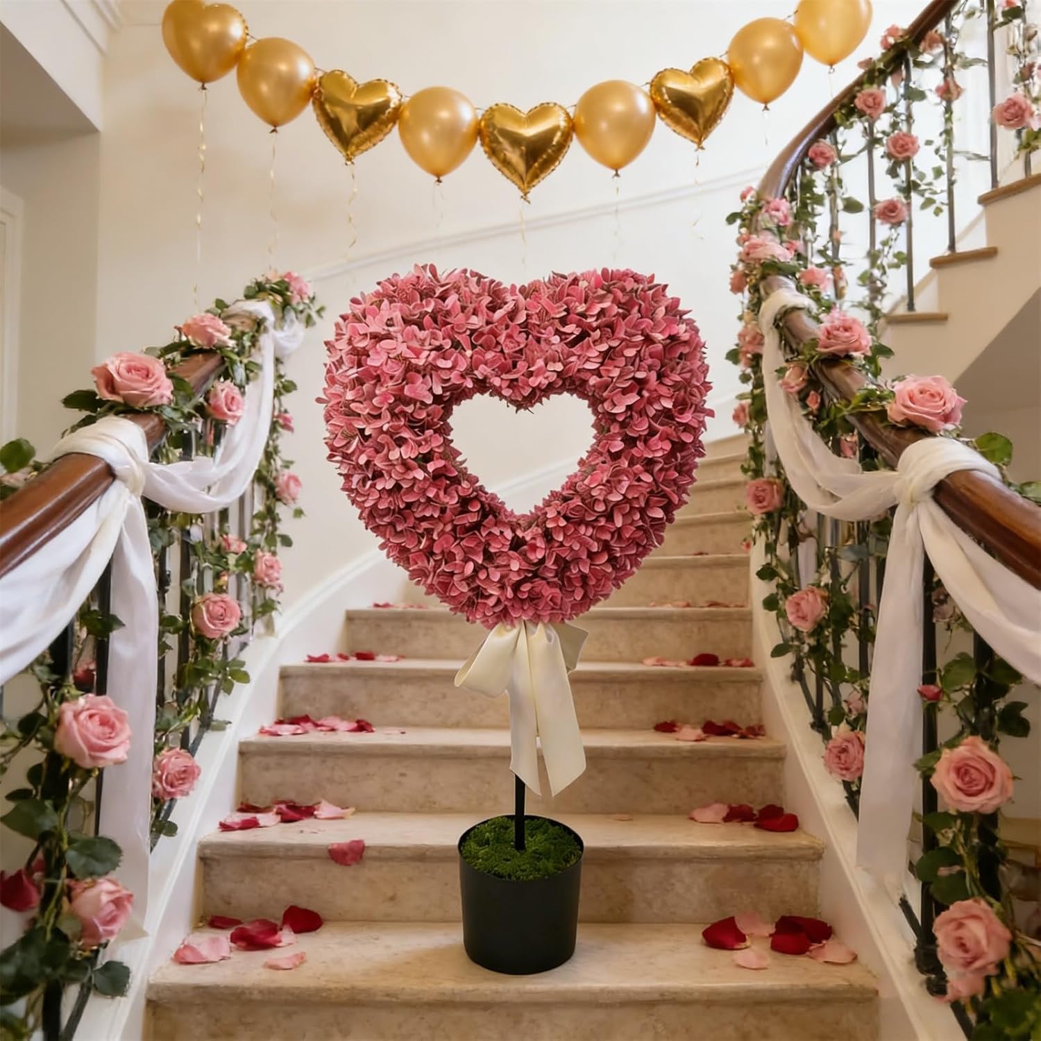 2.5 ft Heart Topiary Outdoor, Boxwood Heart Topiary, Valentine's Day Heart Shaped Topiary Trees with Bow, Artificial Greenery Decor Heart Ball Planter Pots, Faux Plant for Home Decor (2PCS-D)