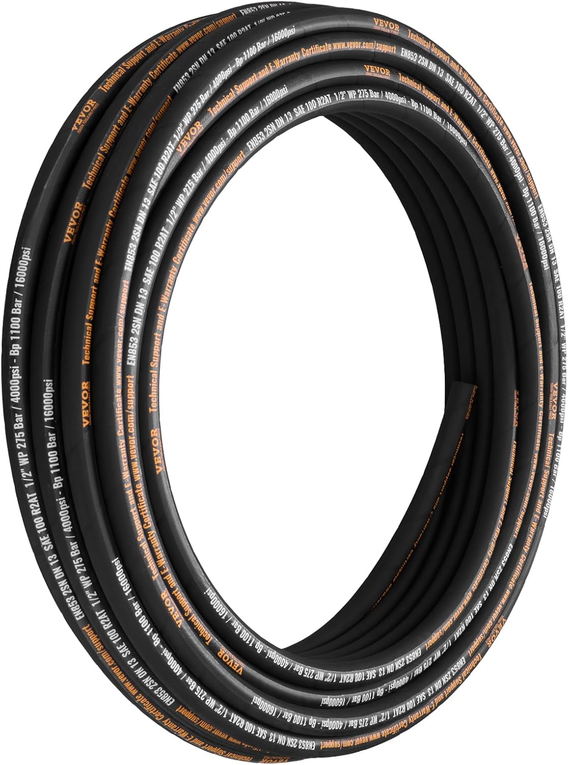 Flexible Hydraulic Hose - 1/2" x 100 ft, 4000 PSI, Rubber with 2 Wire Braid, -20C to 140C