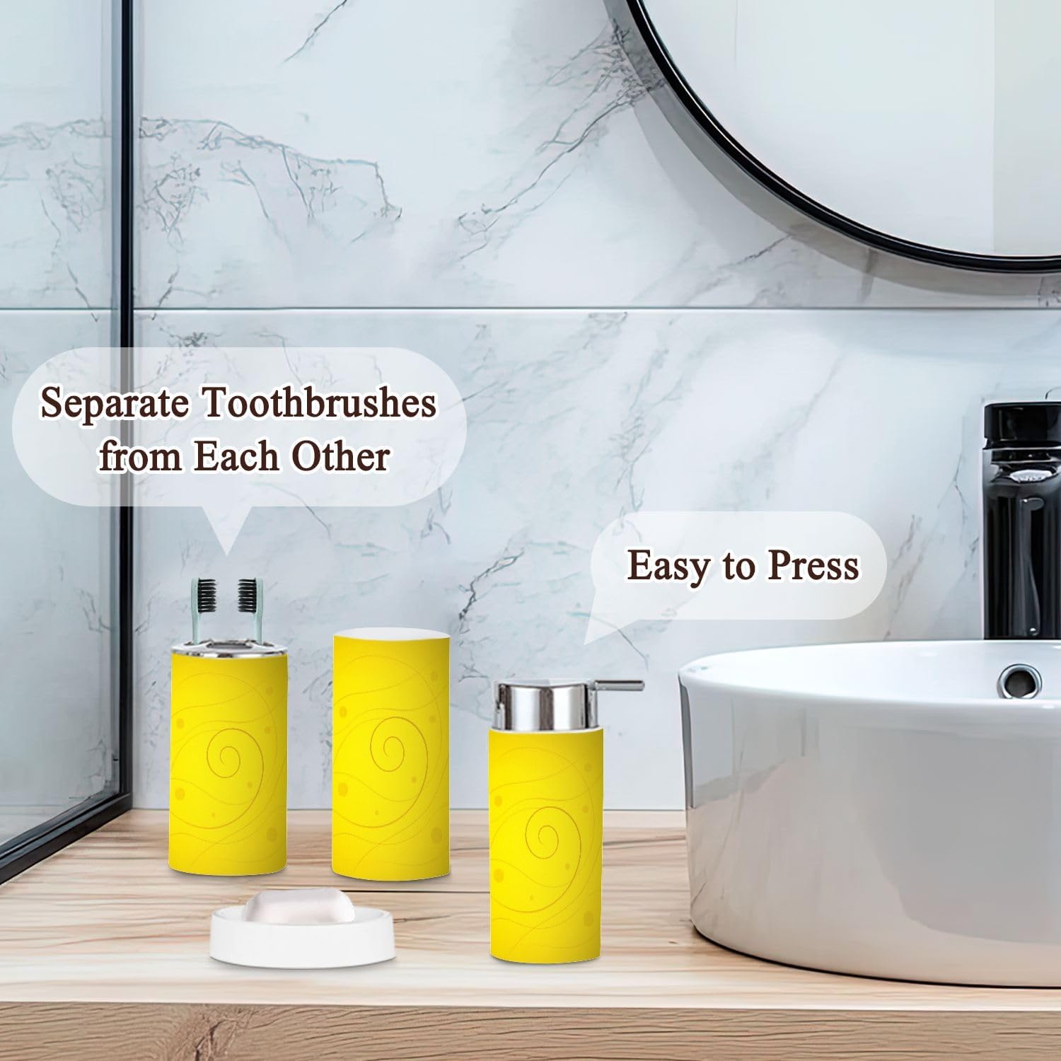 Bathroom Accessories Set 6 Pcs Yellow Toothbrush Holder Cup Soap Dispenser Soap Dish Toilet Brush Holder Trash Can for Countertop Decor