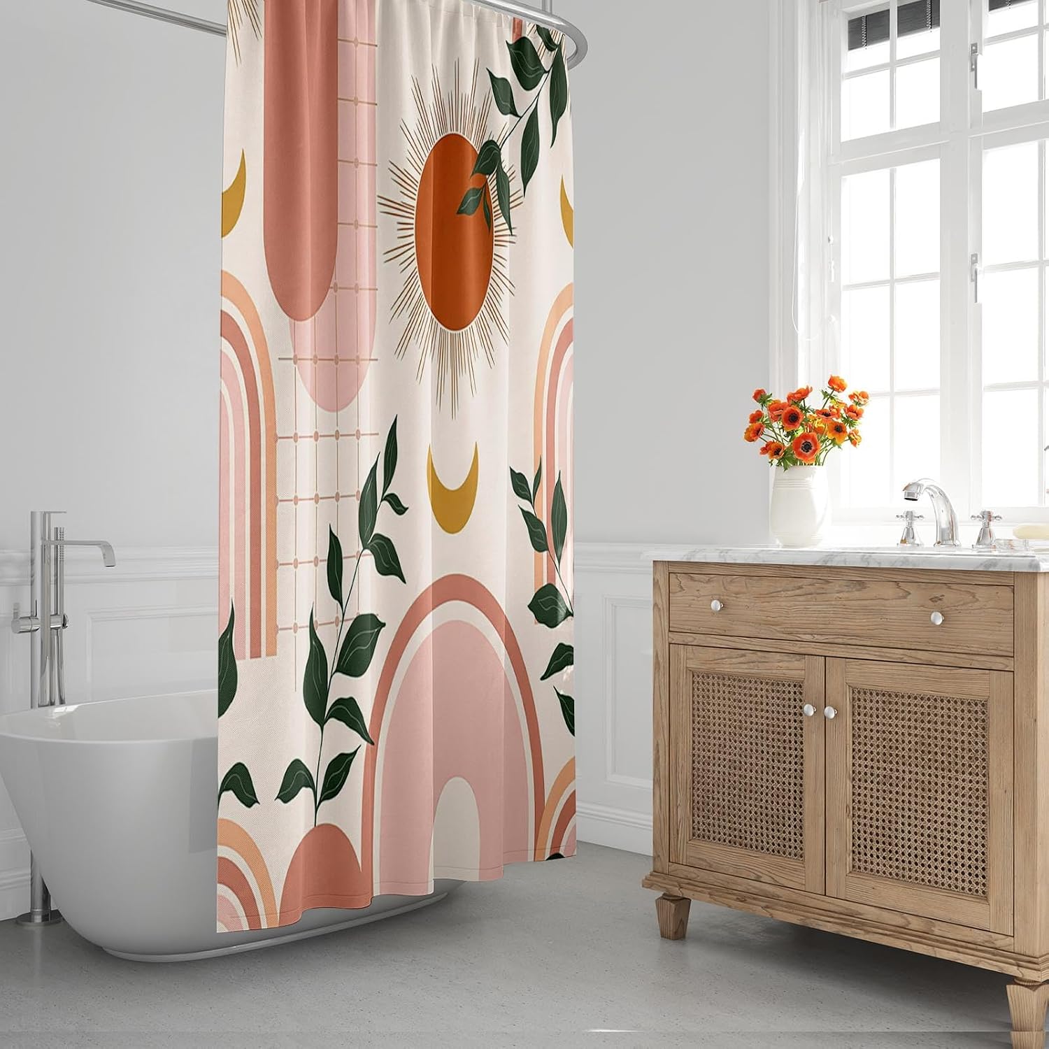 Pamnest 4 Pcs Shower Curtain Sets, Boho Rainbow Sun Waterproof Bathroom Sets with Non-Slip Rugs,Toilet Lid Cover and Bath Mat, Accessories Modern Home Bathroom Decor 72" X 72"