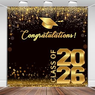 Class of 2026 Backdrop, 6 * 6 FT Graduation Photo Backdrop, Black and Gold Graduation Banner, 2026 Congratulations Banner for Photoshoot, Graduate Background Booth Props