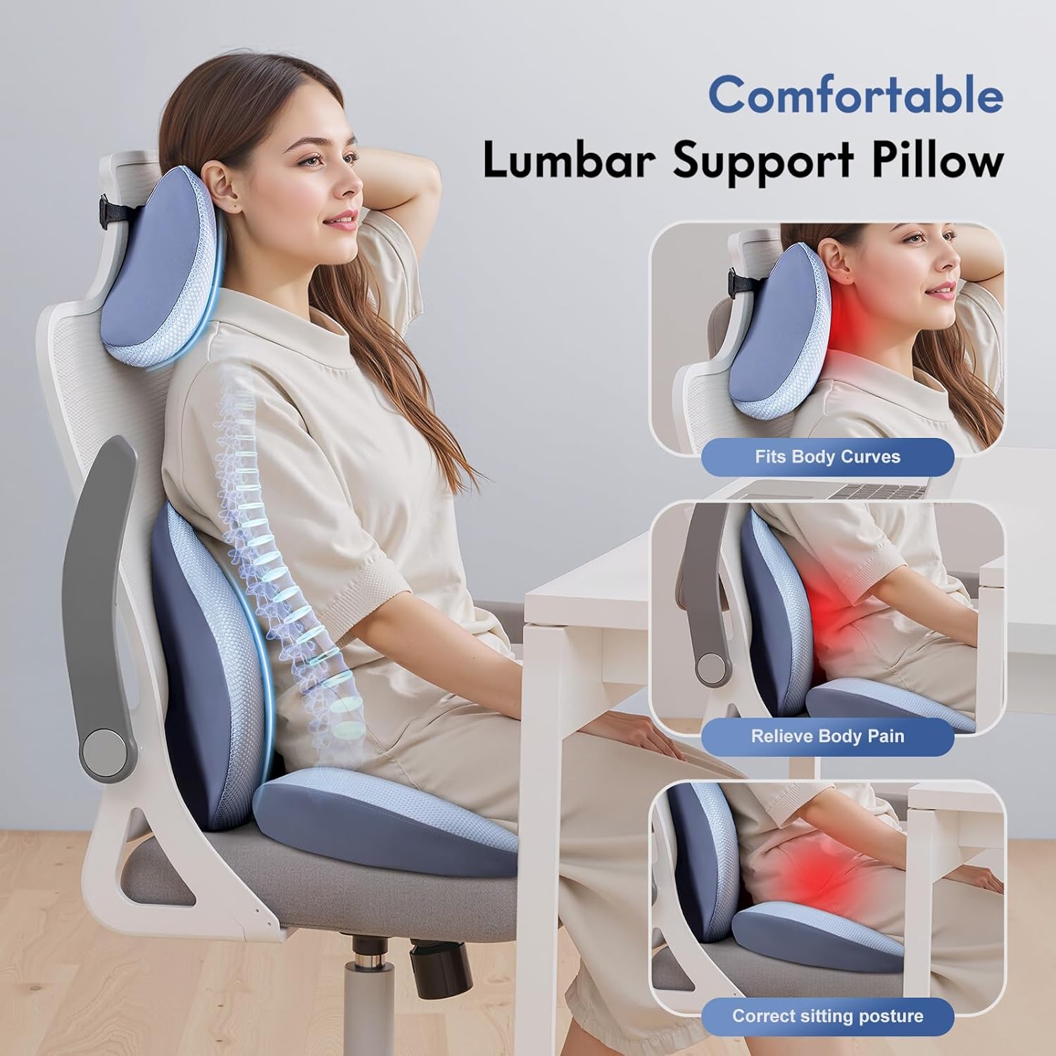 FLORICH Seat Cushion and Lumbar Support Pillow for Office Chair Car, Car Neck Pillow, Ergonomic Memory Foam Back Support for Office Gaming Chair Wheelchair, Relieves Neck, Back & Sciatica Pain – Blue - Image 4