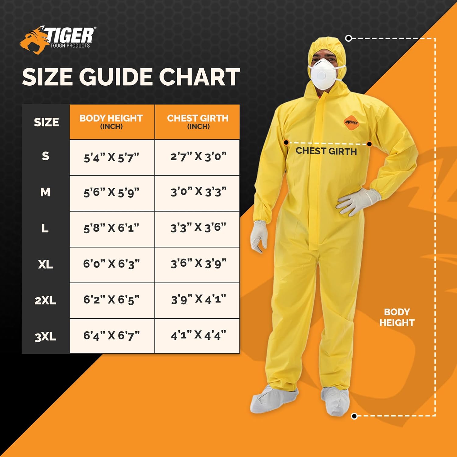 Tiger Tough Yellow Hazmat Suit Disposable - Chemical Protective Coveralls with Hood, PPE Paint Suit, Cleaning Jumpsuit