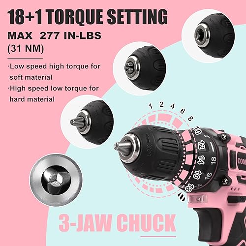 Miniatura 3 de COMOWARE Juego de taladro inalámbrico rosa para mujer, destornillador eléctrico ligero de 12 V con portabrocas sin llave de 38 pulgadas, batería de