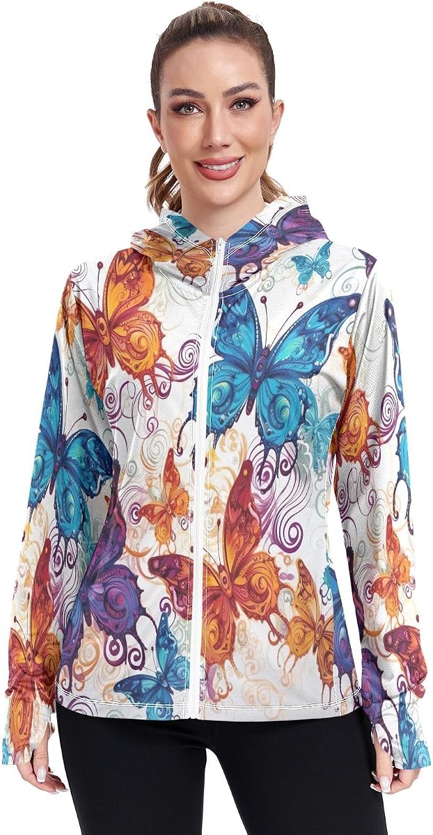 Qilmy Beautiful Butterflies Women's UPF 50+ UV Sun Protection Clothing Zip Up Hoodie SPF Long Sleeve Sun Shirt571