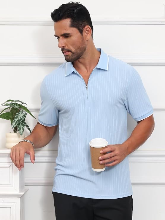 QPNGRP Men's Zipper Polo Shirts Short Sleeve Knit T Shirts Fashion Casual Striped Golf Shirts for Men
