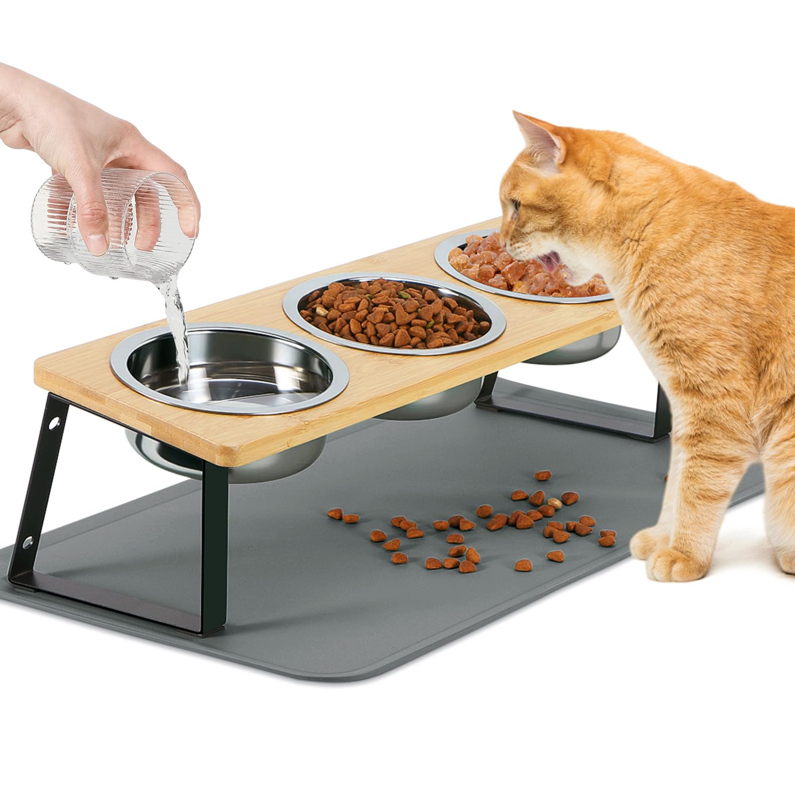 Gamelles surélevées en inox lot de 3 avec support bambou gris foncé pour chat