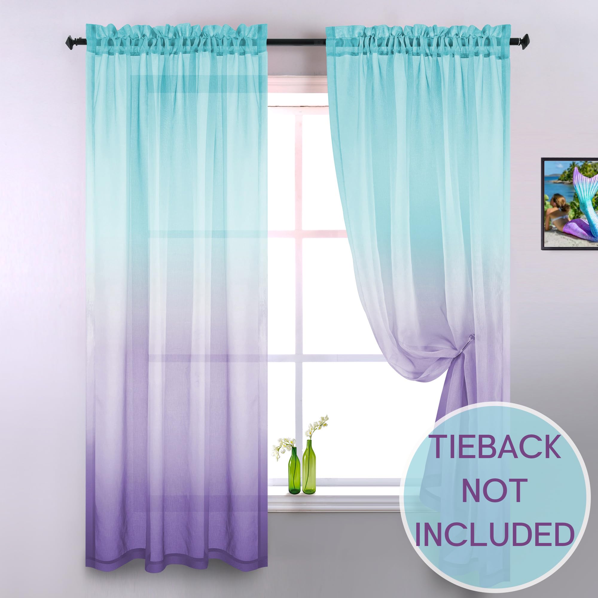 KOUFALL Faux Linen Two-Tone Rainbow Curtains 52x63 Green/Purple, Green / Purple, W 52" x L 63" (2 Panels) - Image 2