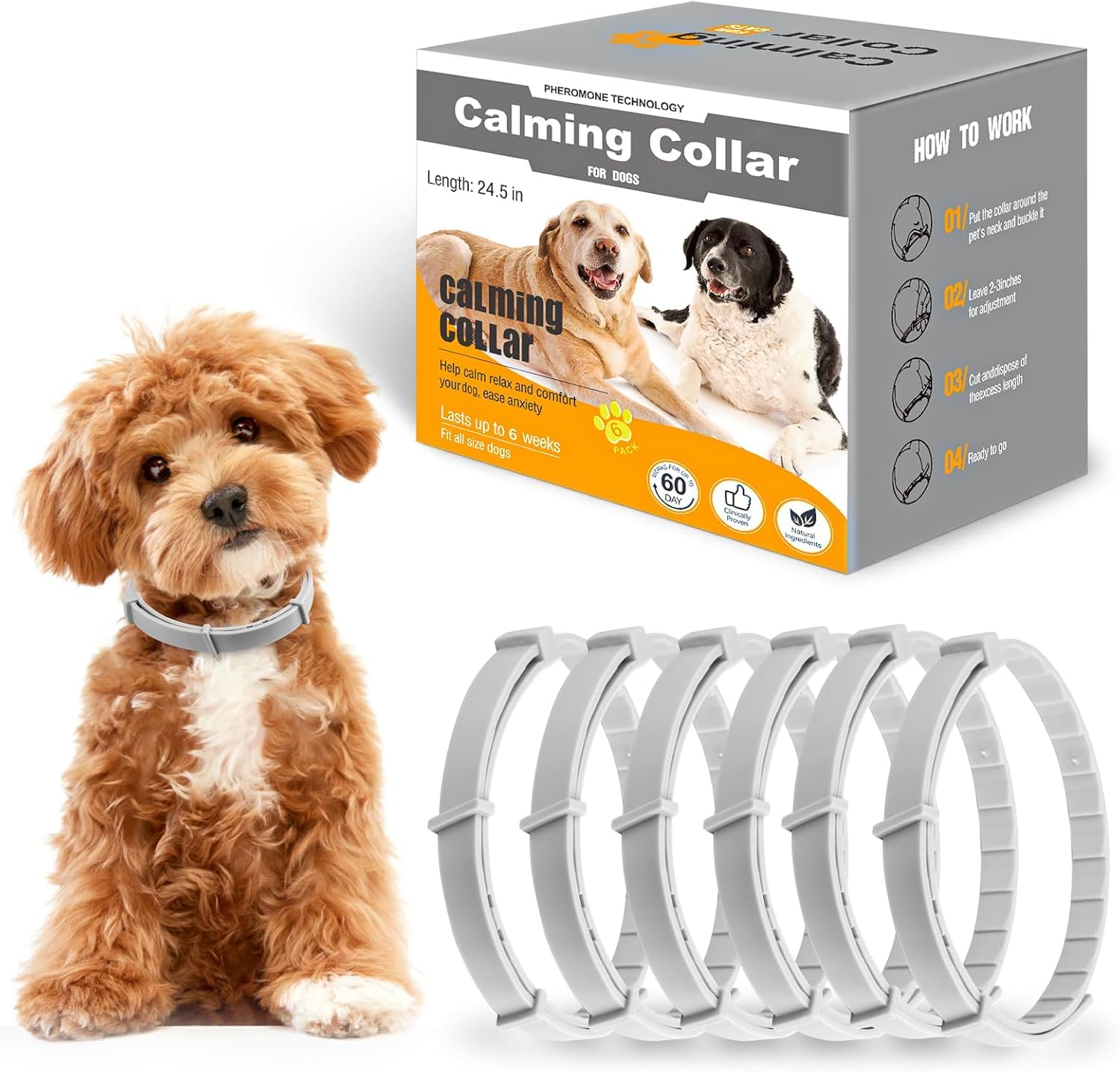 Beruhigungshalsband für Hunde 6 Packungen Hund Pheromon Calm Halsbänder Relief Angst Stress Trennung Lasts 60 Tage Relieve schlechtes Verhalten 25 Zoll Größe einstellbar für alle Hund