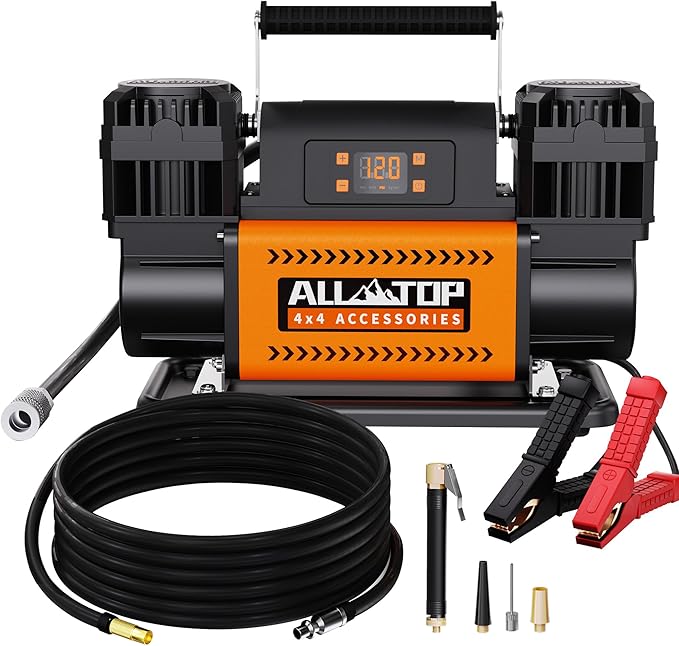 Tire gauge and portable air compressor