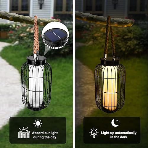 Miniatura 2 de pearlstar Farol grande con energía solar para exteriores, luces colgantes de metal resistente, lámpara de mesa solar decorativa impermeable para