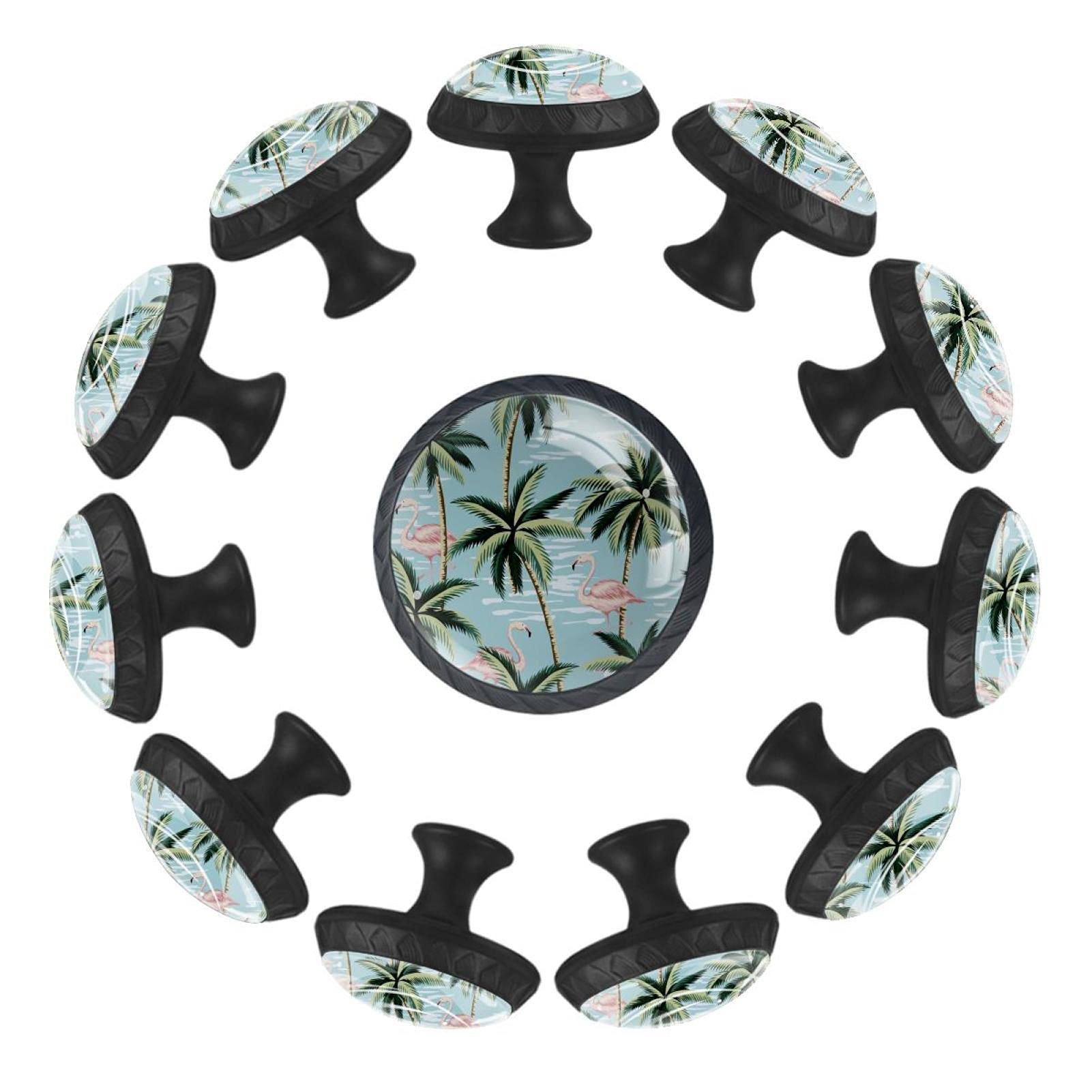 Boutons de tiroir ronds flamant rose et palmier 35 mm pour commode et chambre (Lot de 12)