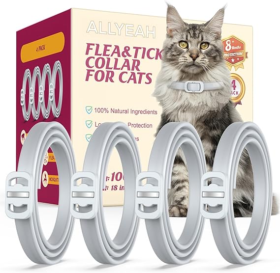 Natural Flea and Tick Collar for Cats – 4 Pack, Long-Lasting Protection, Waterproof, Adjustable Size for Kittens and Adult Cats