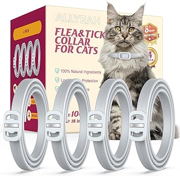 Natural Flea and Tick Collar for Cats – 4 Pack, Long-Lasting Protection, Waterproof, Adjustable Size for Kittens and Adult Cats