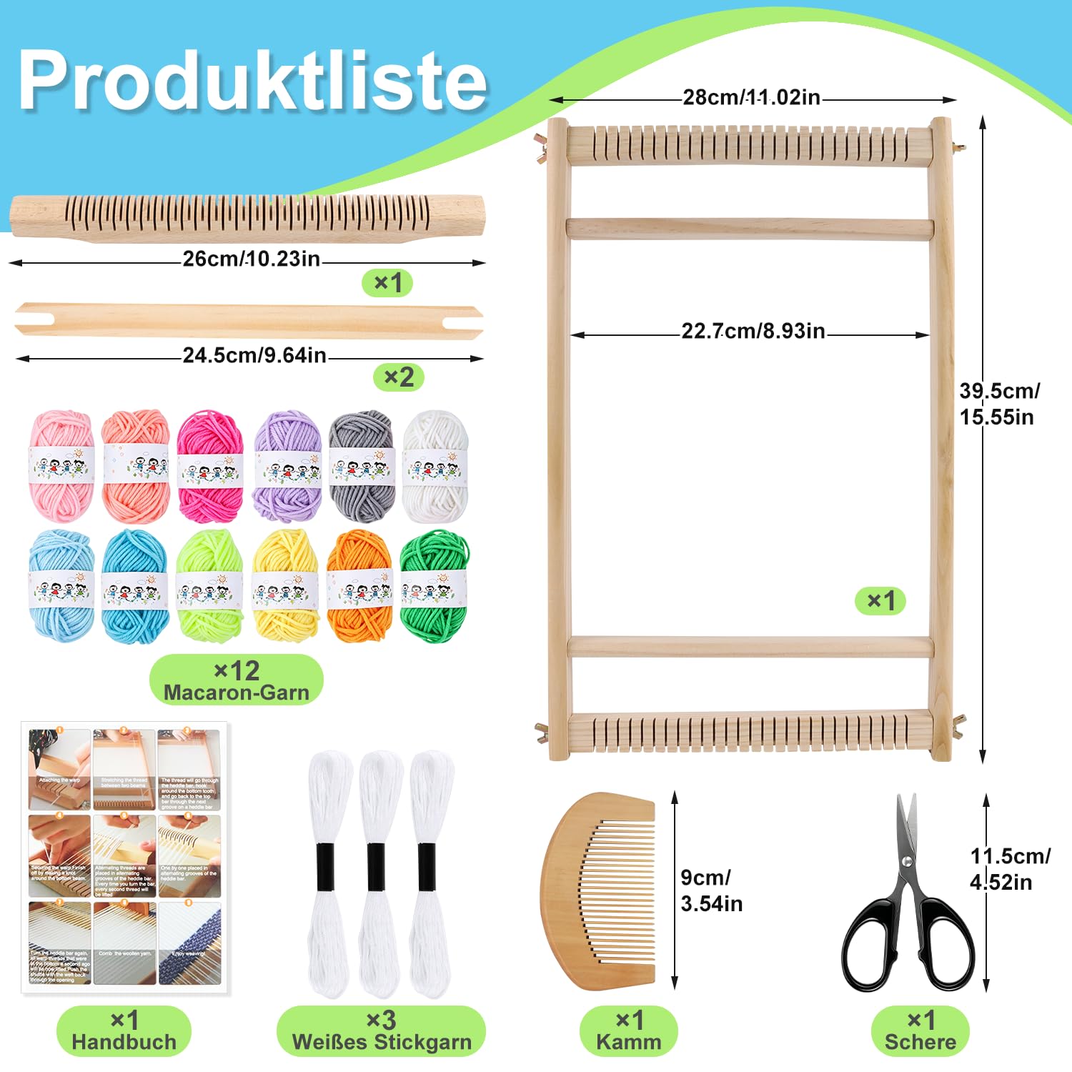 BSTDAYEVER Telaio per Tessitura in Legno Telaio per Bambini Telaioi per Tessitura a Cornice 28x38cm Craft Telaioi per Tessiture Quadrato Contiene 12 Colori di Filato per Principianti e Bambini