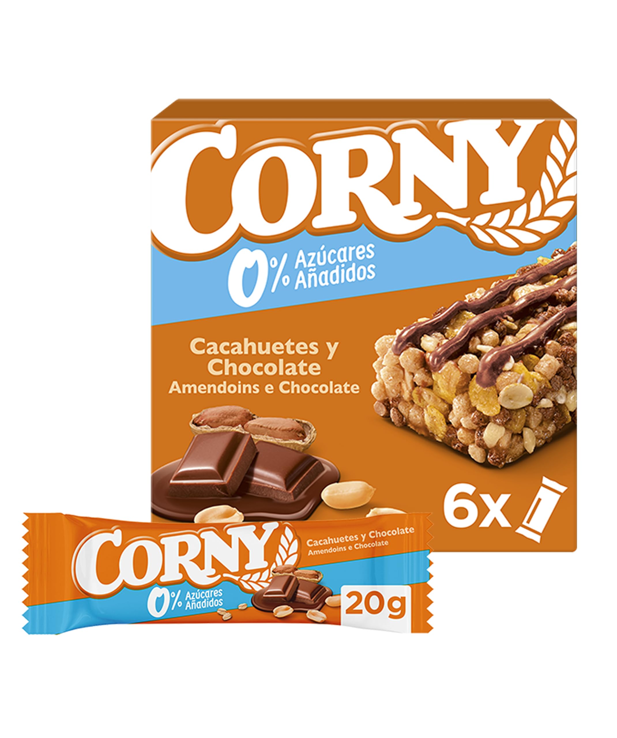 Corny 0%, Barrita de Cacahuetes y Chocolate con Leche, Sin Azúcares Añadidos, Con Cereales Integrales, Sabor Crujiente y Delicioso, 6uds x 20g