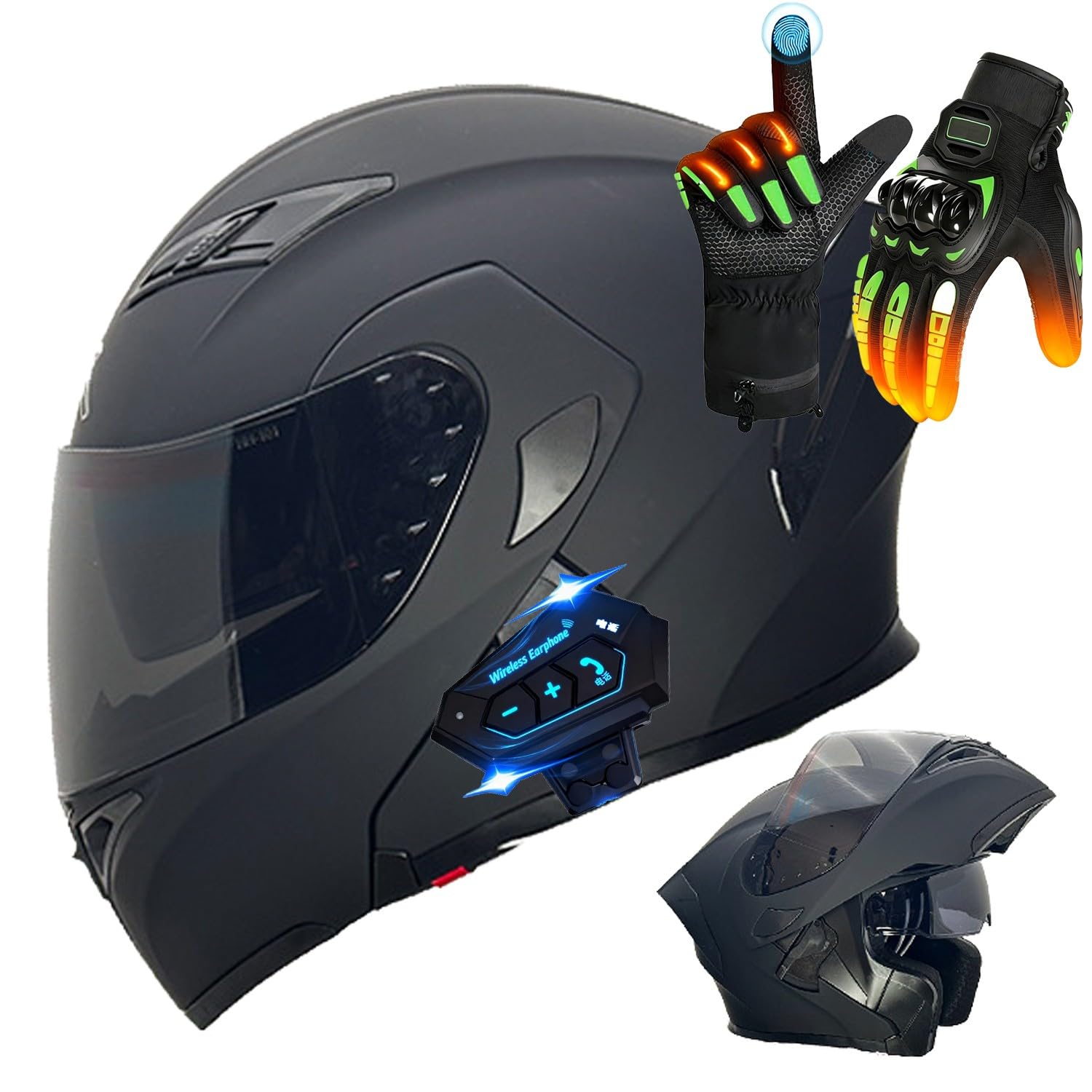Casco De Moto Modular Bluetooth, Casco Abatible Guantes Táctiles Calientes, ECE Homologado Casco Abatible con Doble Visera Antivaho, Ventilación, Adultos Hombres Mujeres H,2X-Large