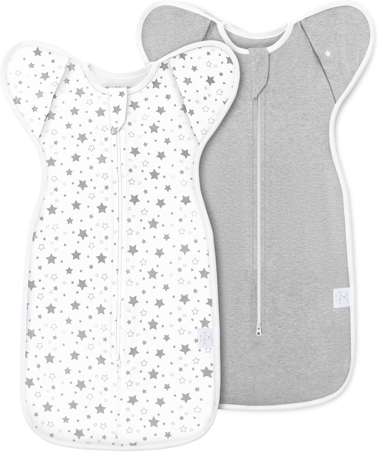 ANYEDDE 2-Pack Baby Swaddle 3-6 Months - Arms Up Swaddles with Removable Cuffs & 2-Way Zipper, Gray Stars Design, Breathable Cotton Newborn Sleep Bag