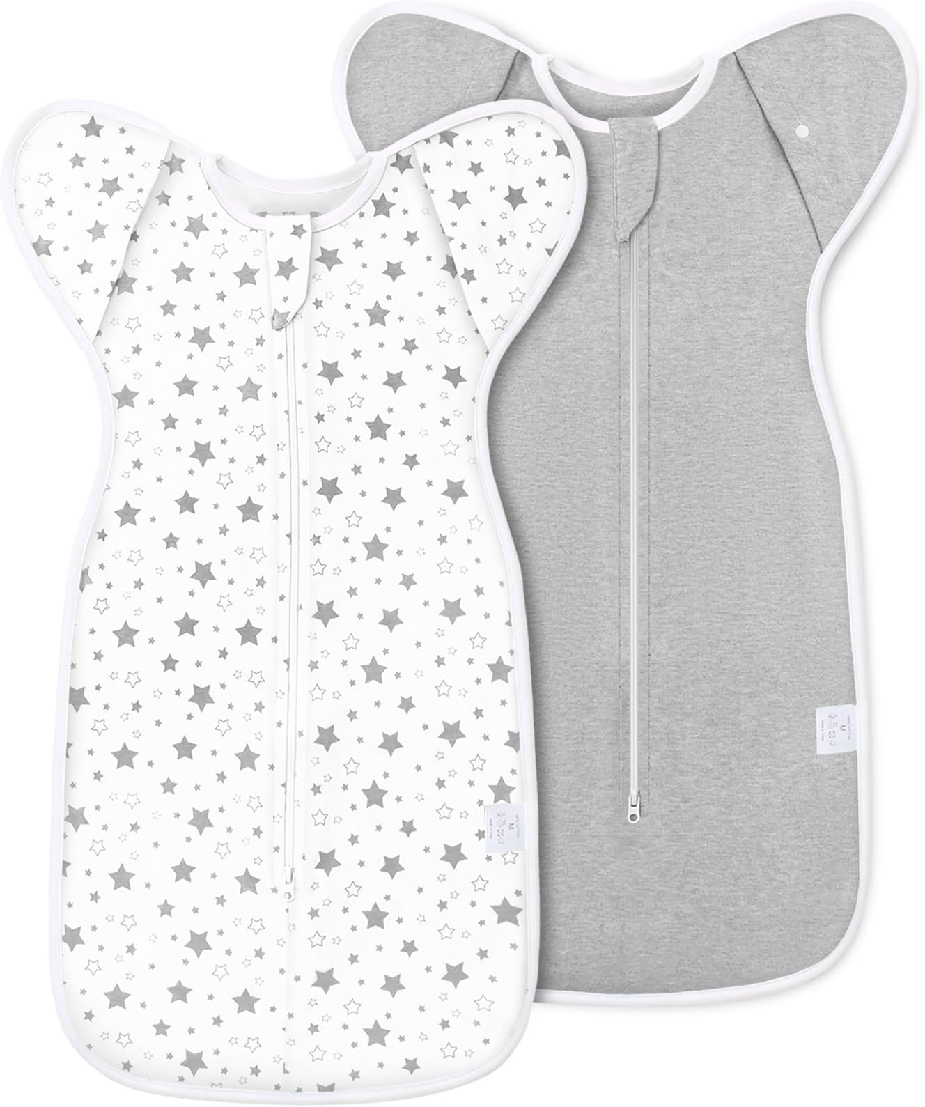 2-Pack Baby Swaddle 3-6 Months - Arms Up Swaddles with Removable Cuffs & 2-Way Zipper, Gray Stars Design, Breathable Cotton Newborn Sleep Bag