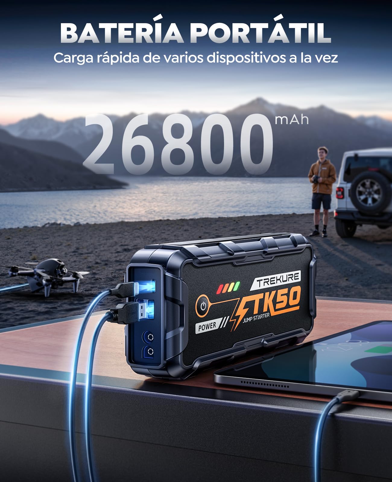TREKURE Arrancador de Baterias de Coche 9000A (12L Diésel y Todo Gasolina), Arrancador de Coches Portátil con 18W Carga Rápida, 12V Jump Starter con Pinzas Reforzadas y 800 LM Linterna LED