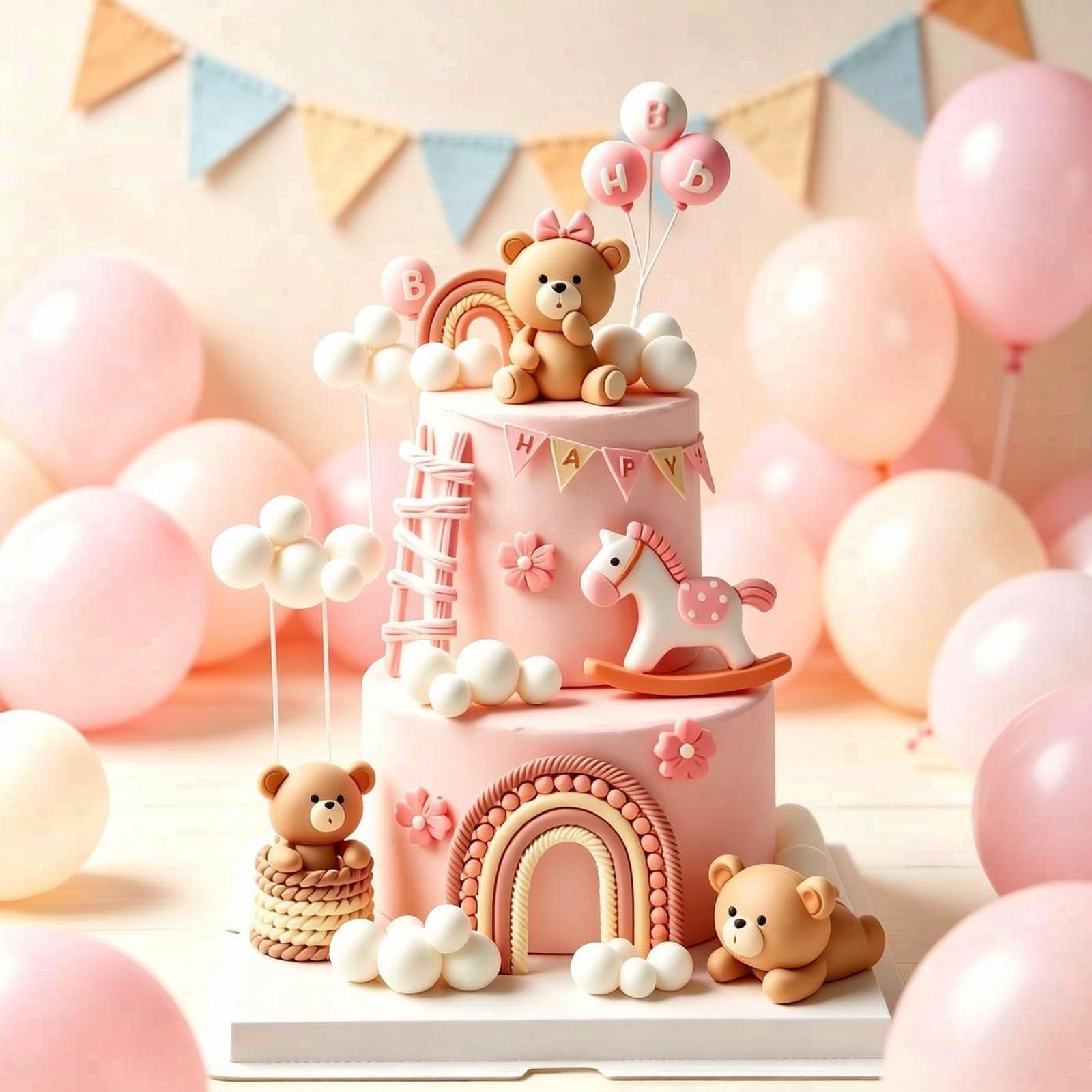 8Pcs Bear Cake Topper, Pink Baby Shower Cake Decoration