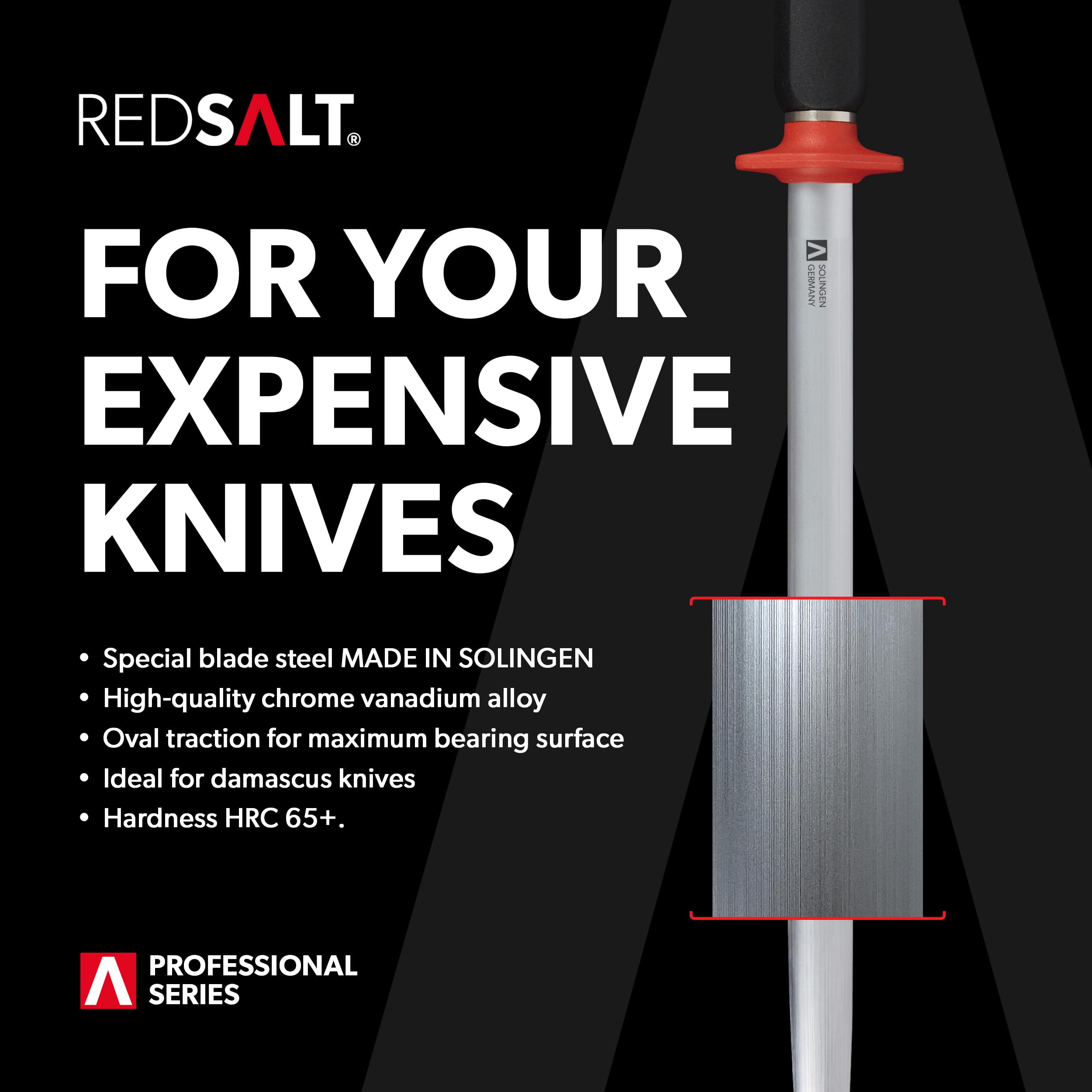 REDSALT® Premium Wetzstahl 30cm ovaler Microfein Saphirzug für hochwertige Messer | HRC 65 Chrom Vanadium Stahl Made in Solingen | Profi Messerschärfer Wetzstab ergonomischer Griff