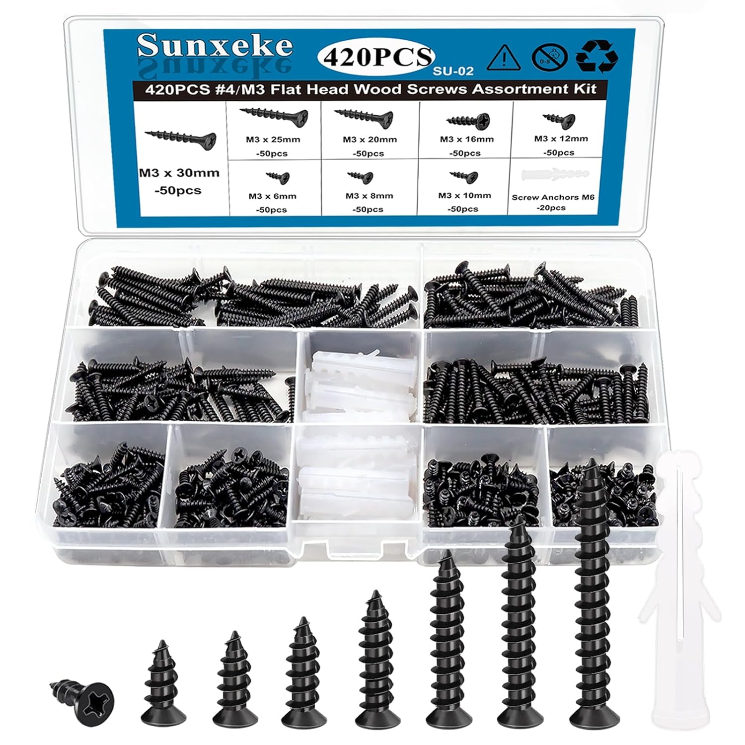 420PCS M3 Small Wood Screws Assortment Kit,Phillips Drive Flat Head Self-Tapping Screws, Black Short Screws Set with 20pcs M6 Screw Anchors