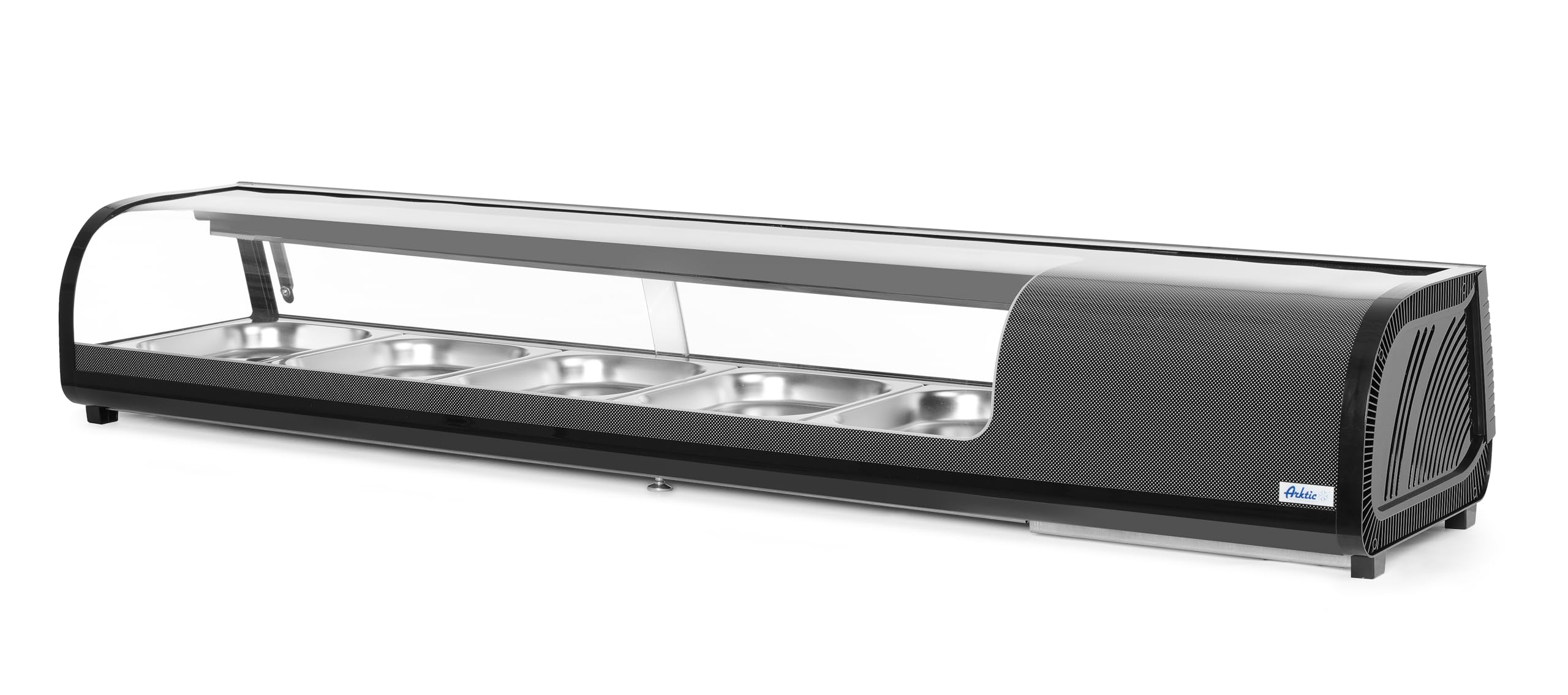 HENDI Sushi-Kühlvitrine, Arktic, mit 5x GN1/2 Behälter, Temperaturbereich: 0° bis 12°C, LED-Beleuchtung, Sushi-Kühlschrank, 230V/190W, 1800x420x(H)265mm, Edelstahl, ABS, Glas, schwarz