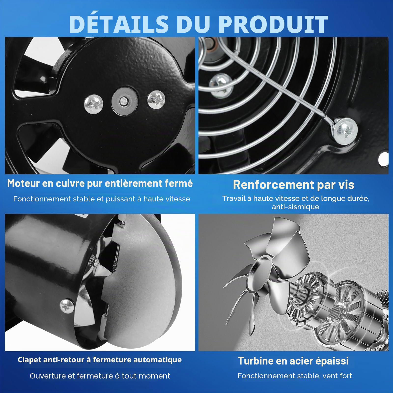100 mm Extracteur d'Air, Ventilateur Mural 140m³/h avec Clapet Anti-Retour Matériau Métallique, Prévention de l'Humidité et Refroidissement, pour Salle de Bain, Cuisine, Bureau, WC, Garage - Noir