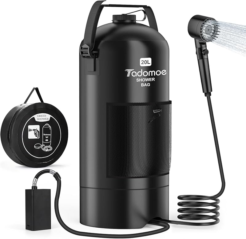 Tadomoe 20L Hordozható Kempingzuhany Pumpával - 2000mAh Napelemes Fekete Zuhanyzó Táskával és Zuhanyfejjel Kempingezéshez, Túrázáshoz, Utazá - Black