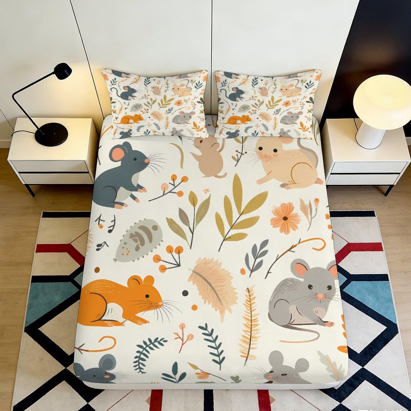 3D Printed Cartoon Mouse Fitted Sheet Microfiber Anti-Slip Animal Hedgehog Mattress Cover for Bedroom Dorm Rental Decor, Easy Care 180x200x25cm