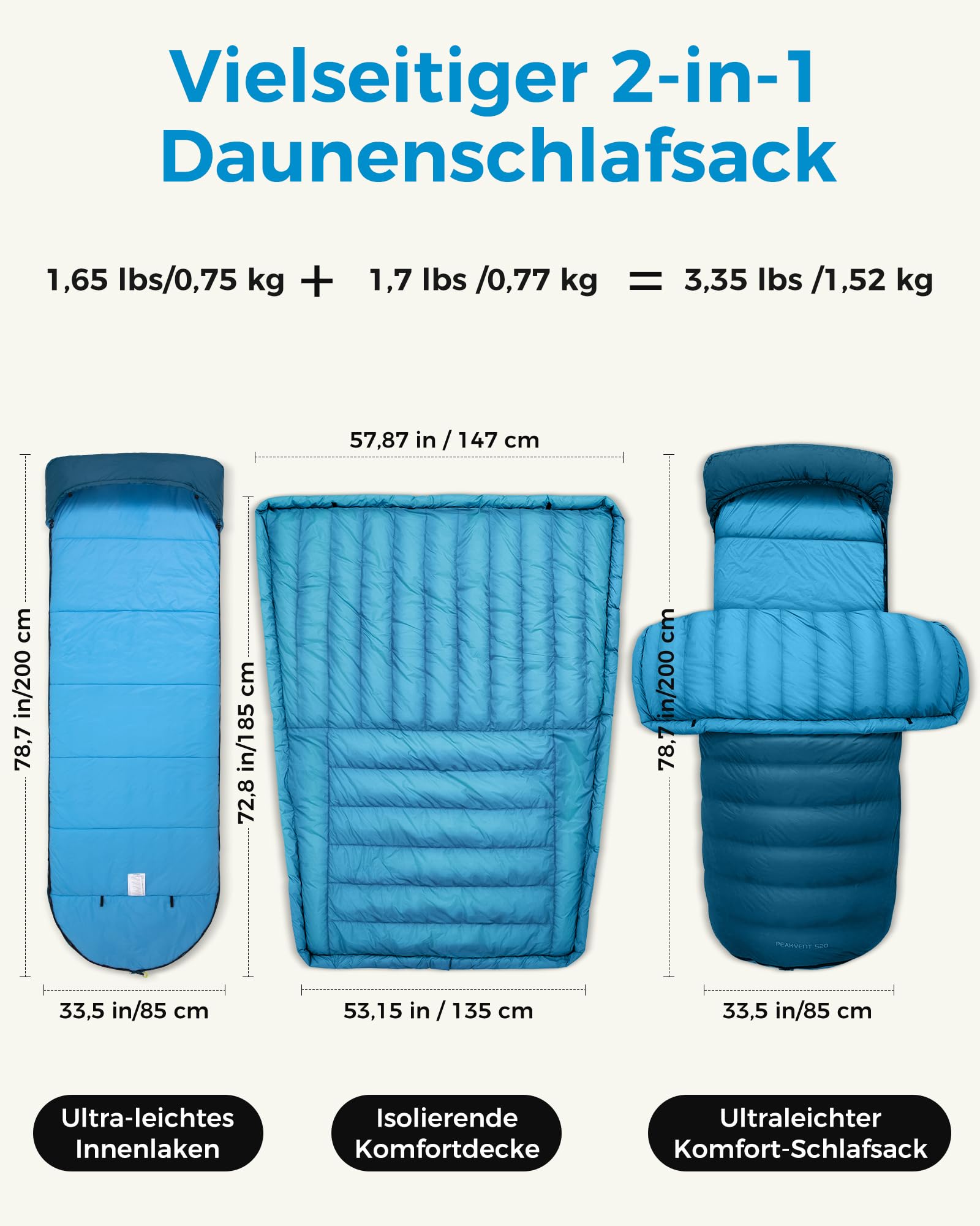 ATEPA Saco de dormir de invierno, 3 en 1, saco de dormir para exteriores, tamaño pequeño, XXL, 4 estaciones, cálido saco de dormir de plumón, impermeable, ideal para adultos en viajes, aventuras y