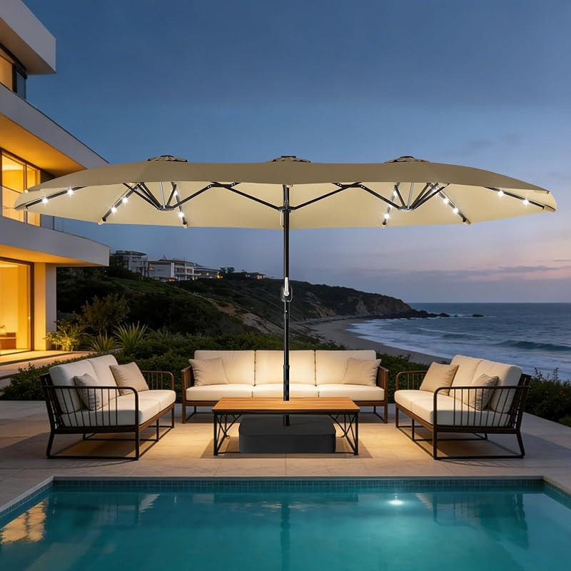 Suteck 15FT Patio Umbrella with Base & Solar Lights, Khaki | Double-Sided, Crank Handle, UV & Fade Resistant Canopy, Poolside, Backyard, Deck, Market