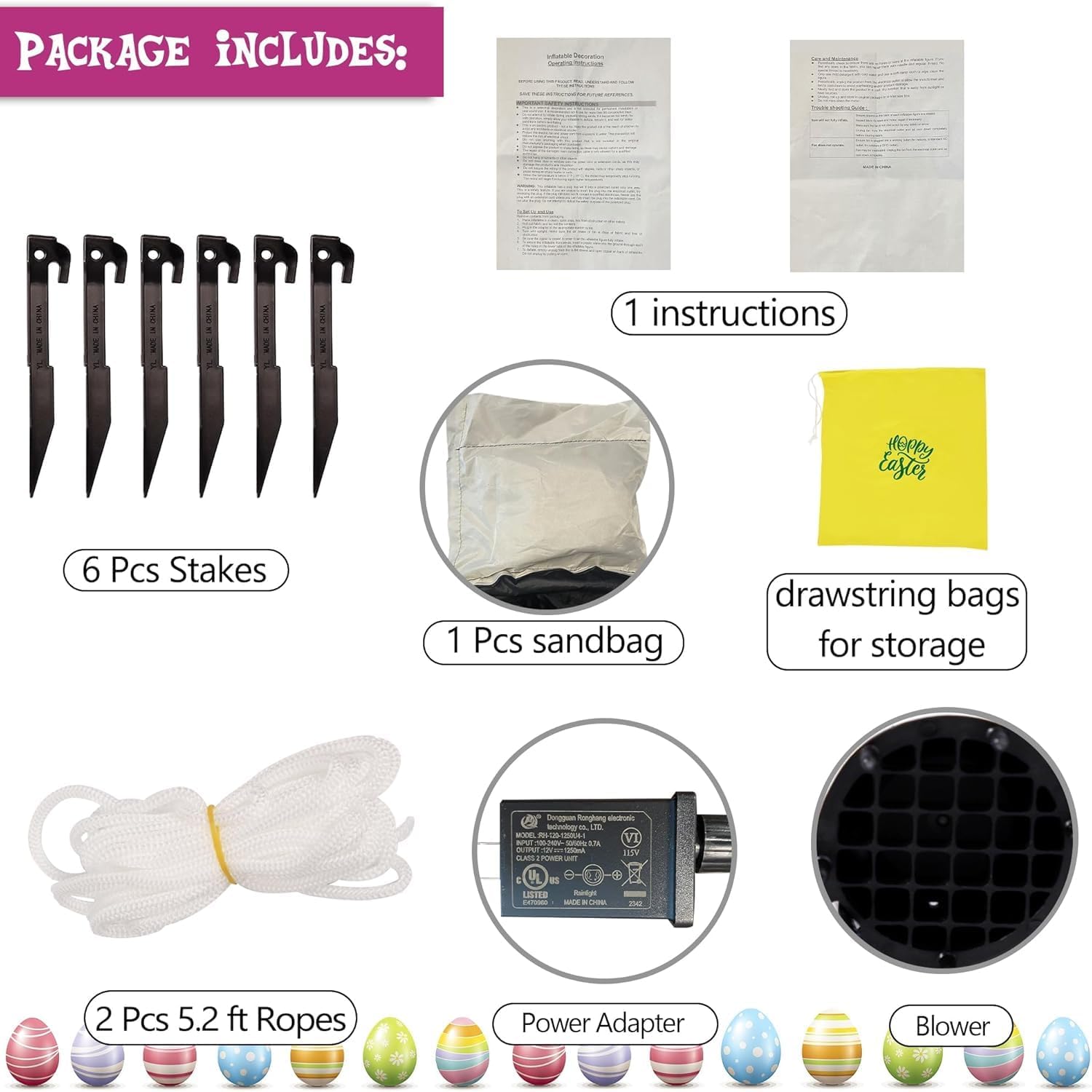 Joliyoou 8FT L Easter Inflatable Yard Decoration, Lighted Blow Up Bunny Sitting with Easter Eggs, Light Up Air Blown Rabbit Happy Easter for Spring Holiday Lawn Garden Indoor Outdoor Decors - Image 3