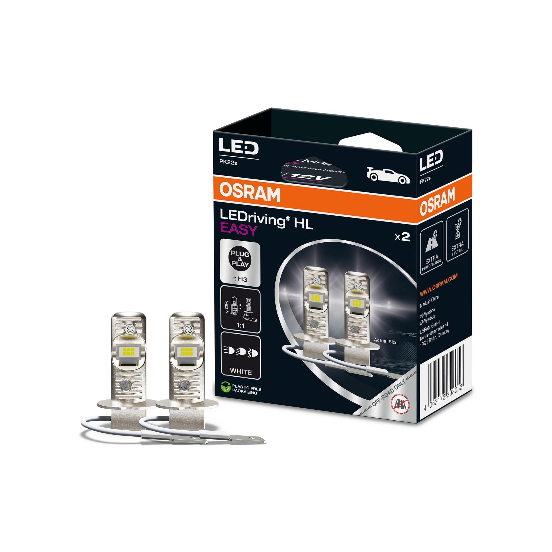 OSRAM LEDriving HL EASY ≜ H3, lampada LED abbaglianti e anabbaglianti, bianco freddo 6500K, nessun accessorio necessario, solo per uso fuoristrada - no ECE, 2 lampade